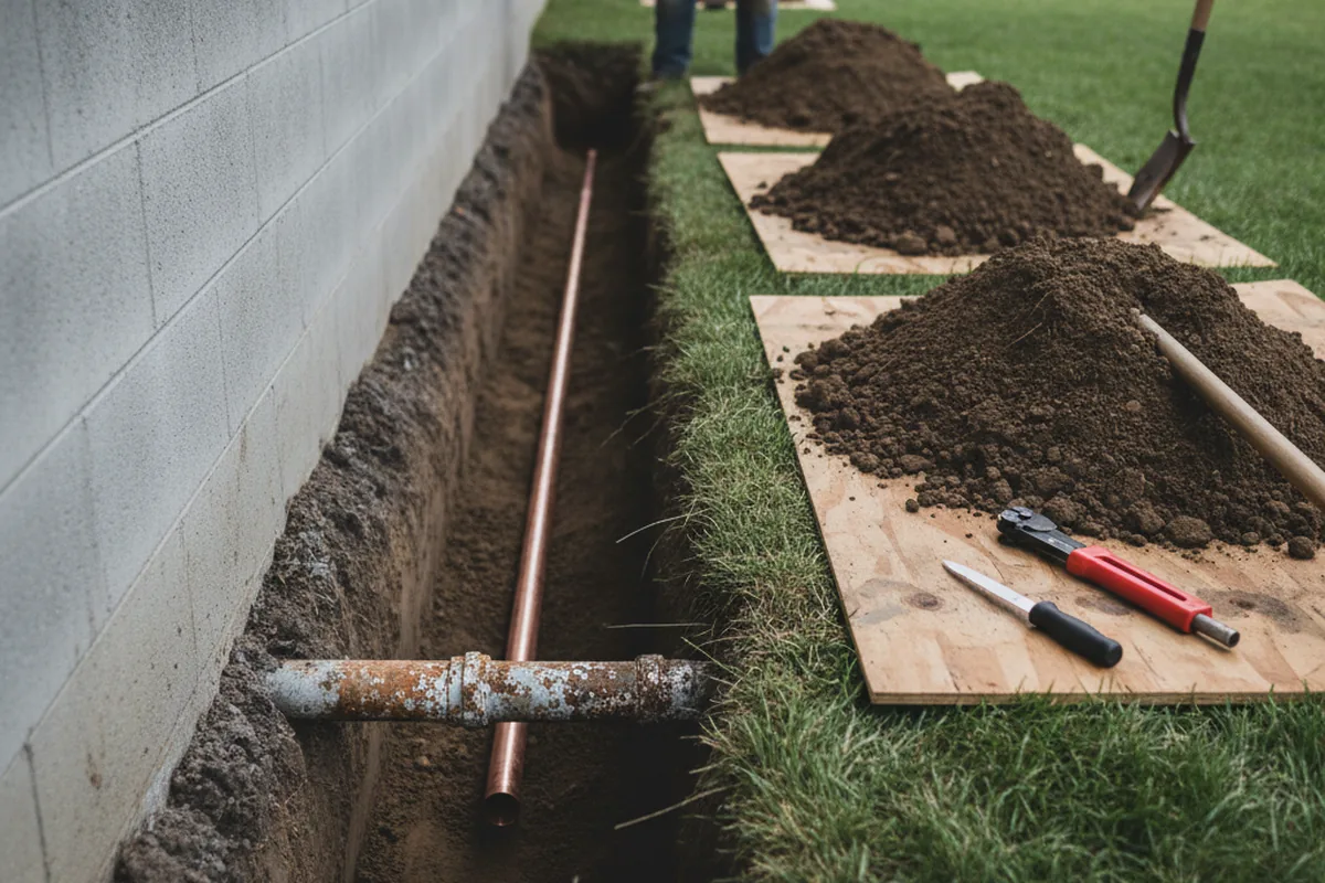 Excavated water line trench during Sewer Line Repair in Odenville